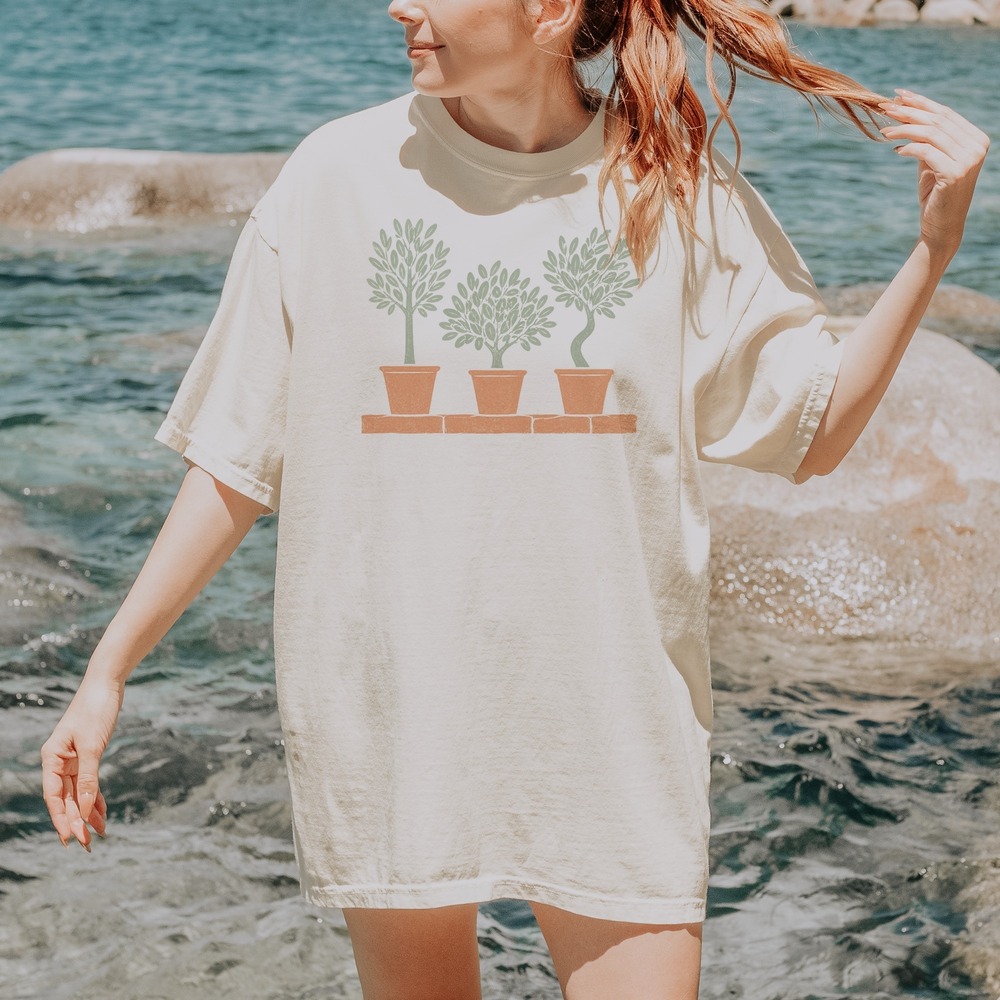 Three Potted Trees on a Brick Ledge Boho Tee